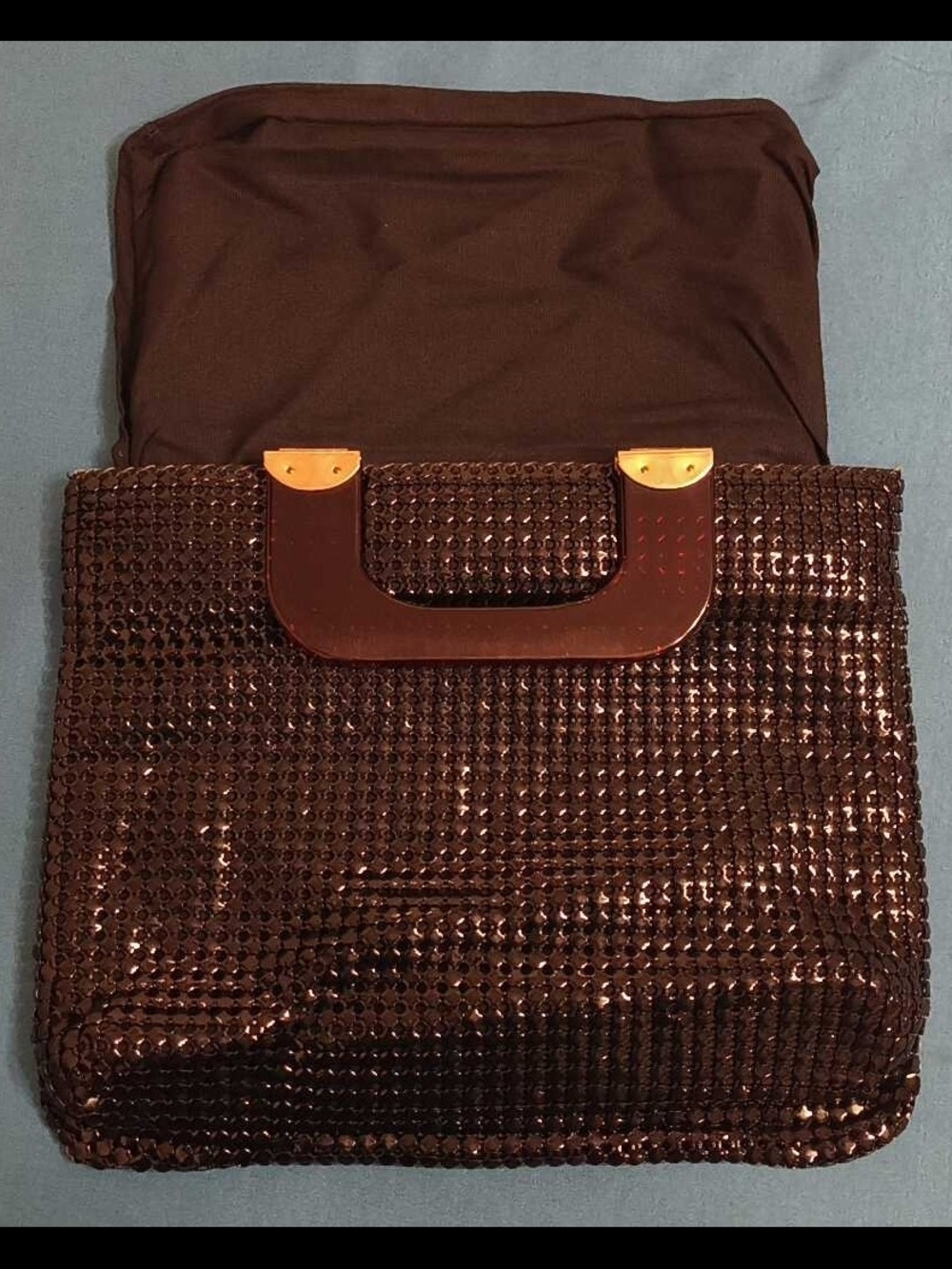 Vintage Metallic Tile Mesh Tote Bag Tortoise Lucite Handle Hong Kong MCM 70s